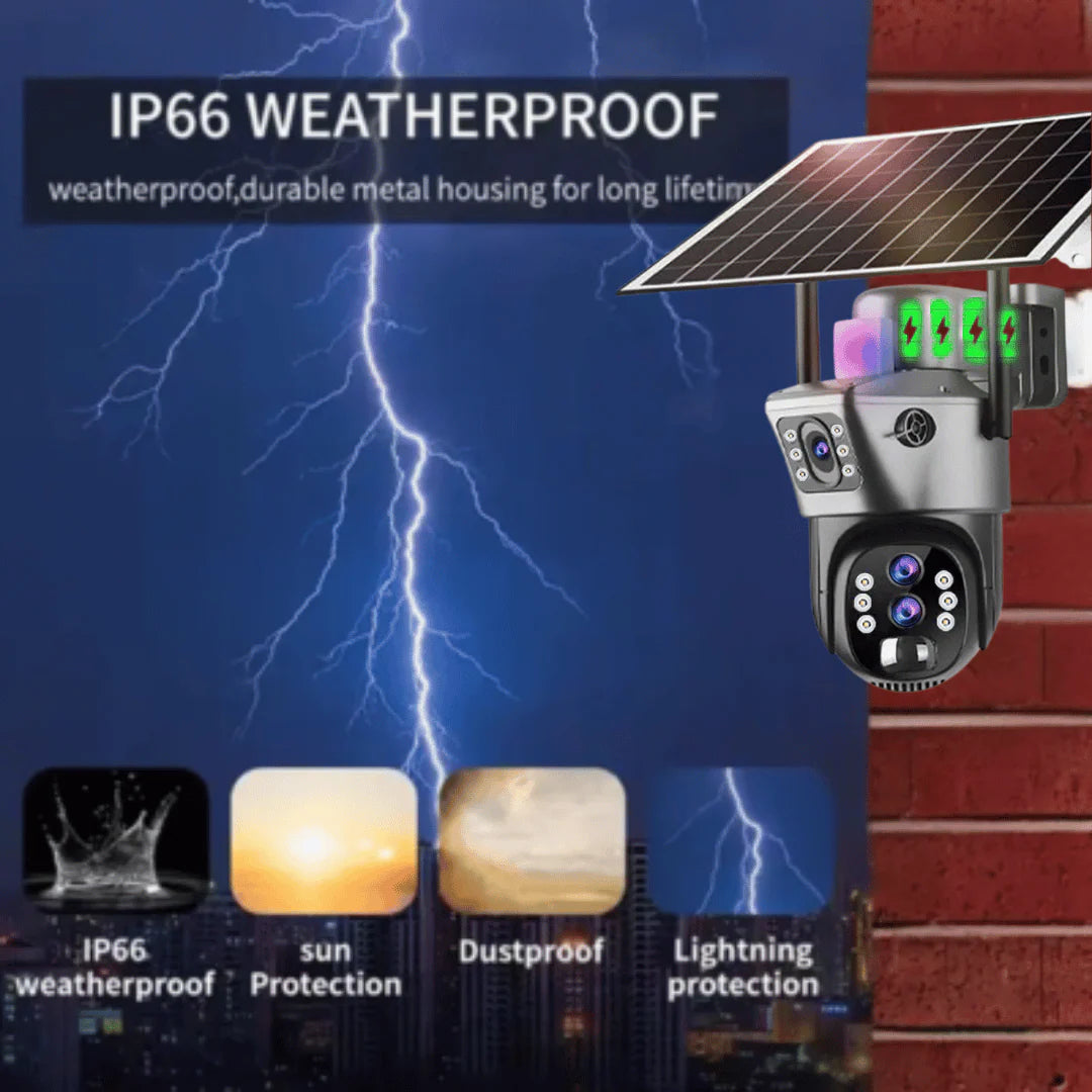 📸 كاميرا مراقبة شمسية بعدستين بزوم بصري ×10 ودقة 12 ميغابكسل – حماية ذكية بالطاقة الشمسية