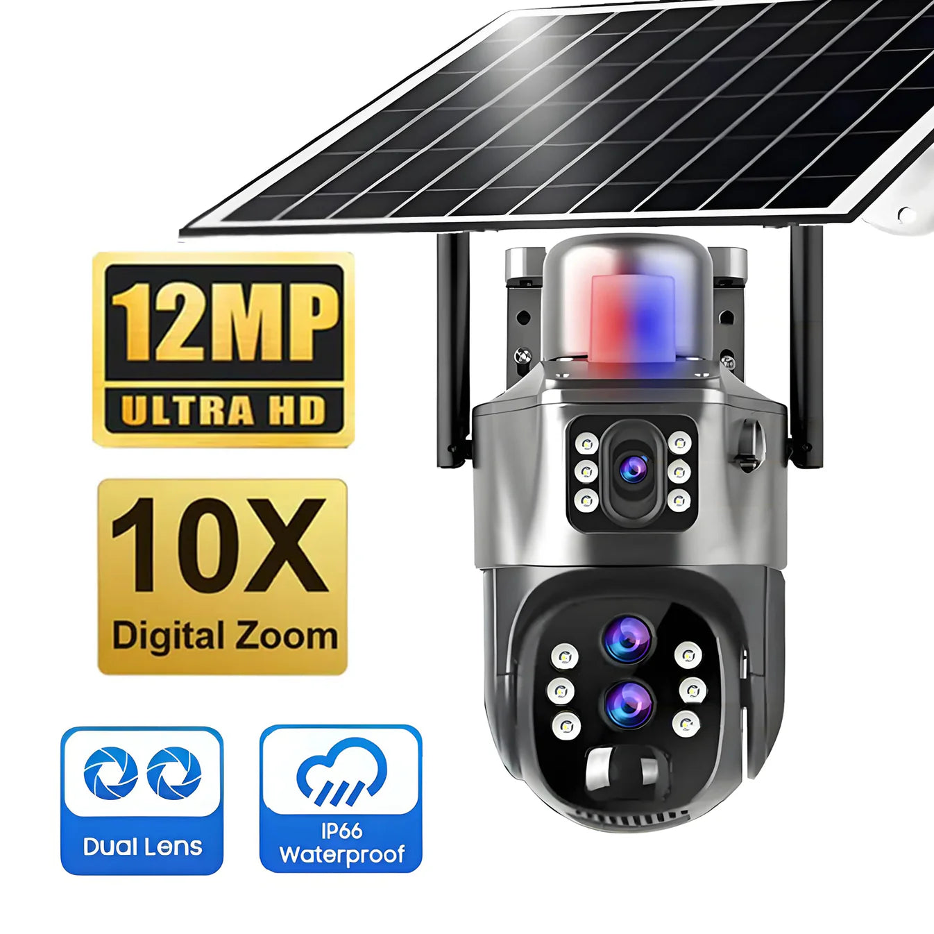 📸 كاميرا مراقبة شمسية بعدستين بزوم بصري ×10 ودقة 12 ميغابكسل – حماية ذكية بالطاقة الشمسية